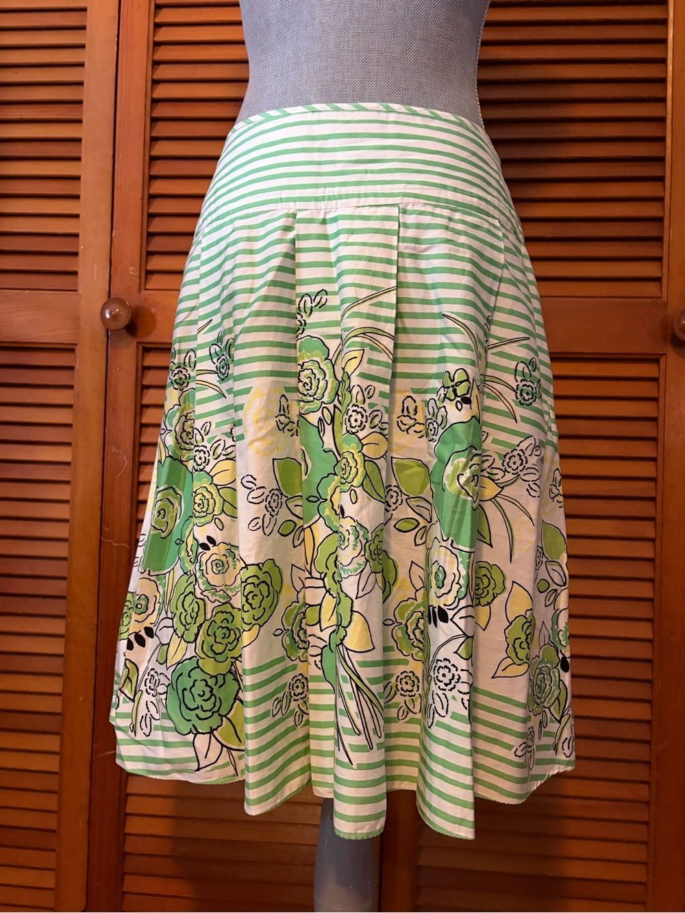 Cotton Green Girly Floral Stripe A-Line Pleated Midi Skirt Y2K Vintage